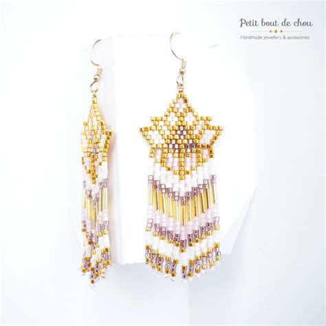 Miyuki Delica Beaded Earrings Dangle Light Pink With Fringes Petit