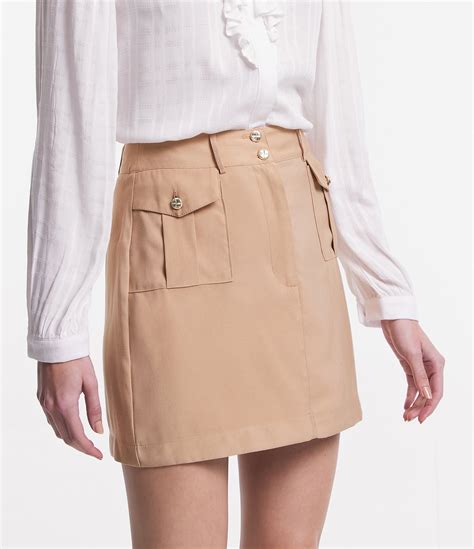 Saia Com Bolsos Laterais - Saia Mini Cargo em Sarja com Bolsos Laterais Bege