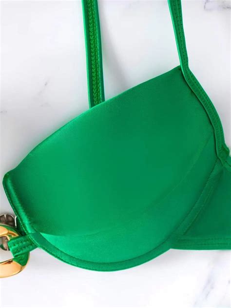 Crystal Embellished Bikini Set Ring Linked Chain Detail Push Up Bra