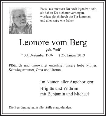 Traueranzeigen Von Leonore Vom Berg Trauer Und Gedenken