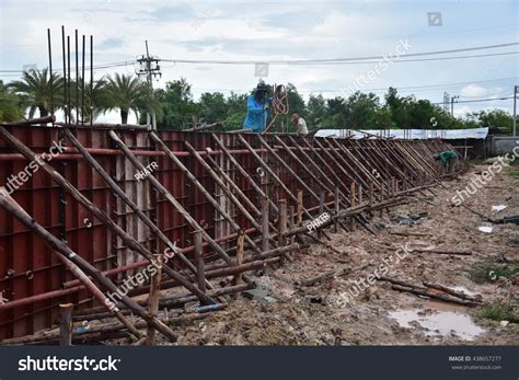 form work concrete reinforcement retaining wall stock photo