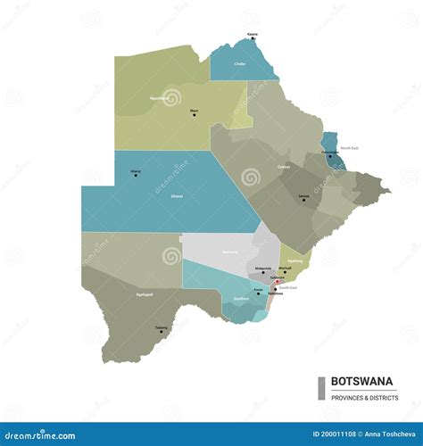 Mapa Detallado De Botsuana Con Subdivisiones Ilustración del Vector