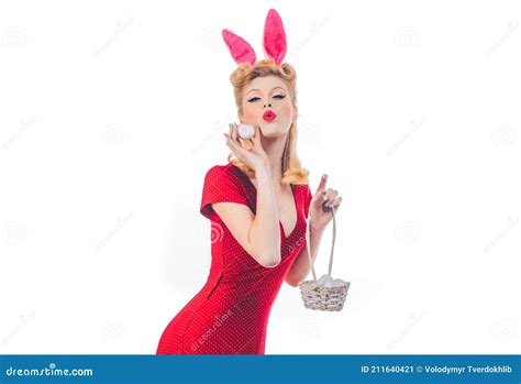 Pinup Woman Bunny Easter Lovely Woman In Rabbit Costume Happy Woman