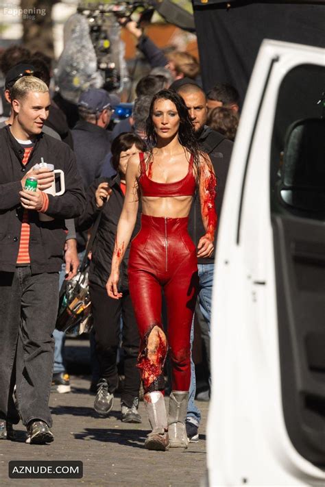 Bella Hadid Sexy Spotted Wearing A Hot Red Leather Catsuit As She Films The Beauty Series Aznude