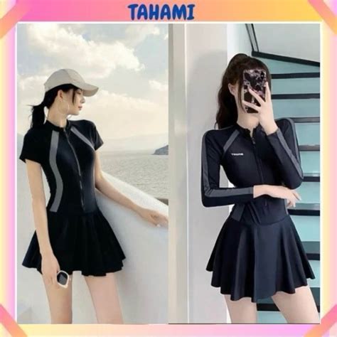 Có size M L XL Bikini đồ bơi đi biển một mảnh dây kéo đen phối xám tay ngắn form váy có quần