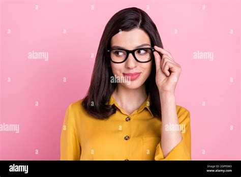 Photo Of Cute Brunette Hairdo Millennial Lady Hand Eyewear Look Empty Space Wear Yellow Shirt