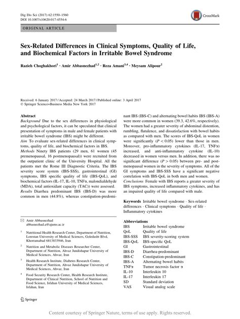 Sex Related Differences In Clinical Symptoms Quality Of Life And Biochemical Factors In