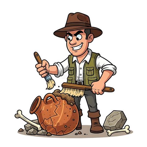 cartoon boy archaeologist digging fossils   ground wearing hat