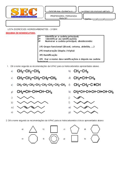 Questoes De Hidrocarbonetos - Exercícios de Nomenclatura de Hidrocarbonetos - Química II 1ª Série ...