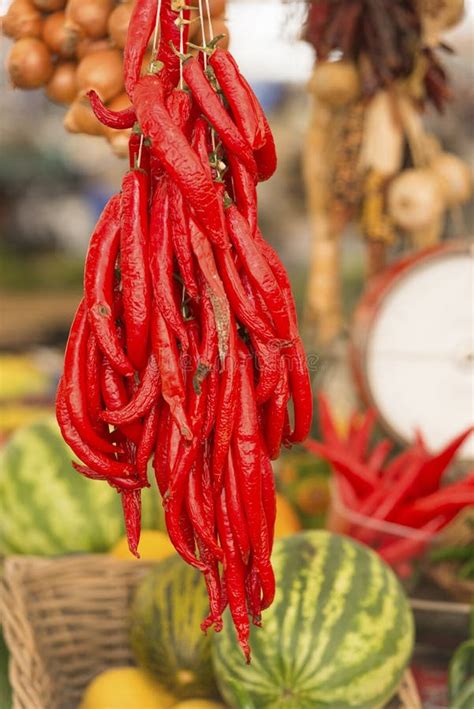 Red Hot Chillies Hanging At Market Stall Stock Image Image Of Empty