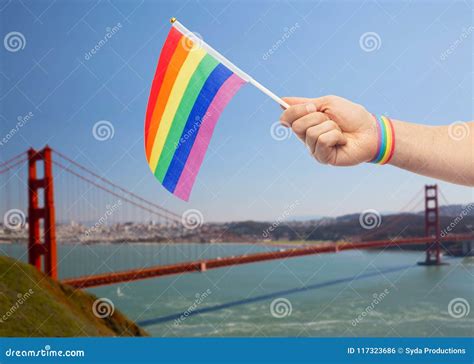 Hand With Gay Pride Rainbow Flag And Wristband Stock Photo Image Of Landmark Freedom