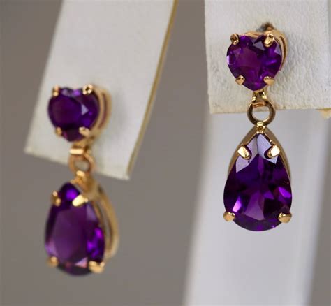 Vintage 14k Yellow Gold 27ctw Amethyst Earrings Hearts Over Tear Drops Pierced Drop 1116