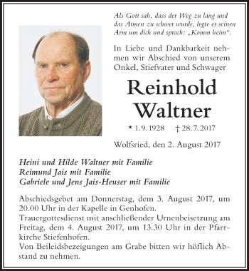 Traueranzeigen Von Reinhold Waltner Allg Uer Zeitung