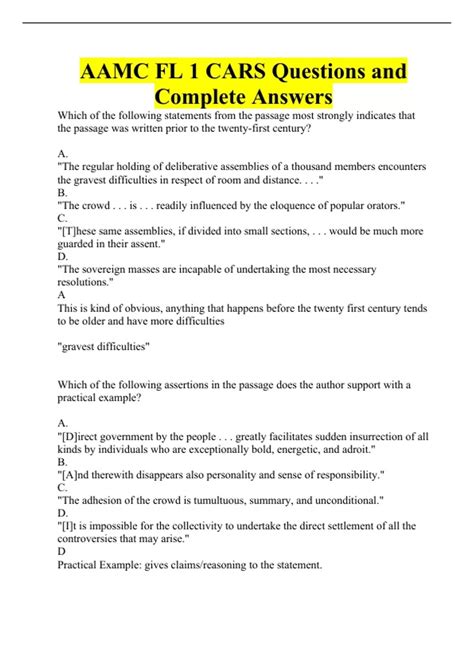 AAMC FL 1 CARS Questions and Complete Answers - AAMC FL 1 CARS - Stuvia US