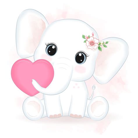 Cute little Elephant and heart hand drawn illustration 19520171 Vector ...