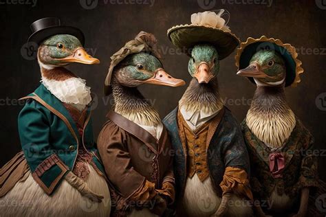 Ducks Animals Dressed In Victorian Era Clothing Illustration 23945486