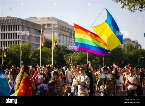 Madrid Spain July Many People In Crowd Youth Have Fun At Pride Month Gay Parade