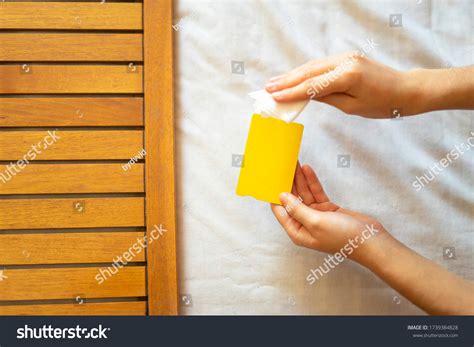 Woman Disinfecting Her Credit Card Credit Stock Photo 1739384828