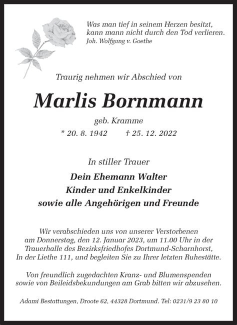 Traueranzeigen Von Marlis Bornmann Sich Erinnern De