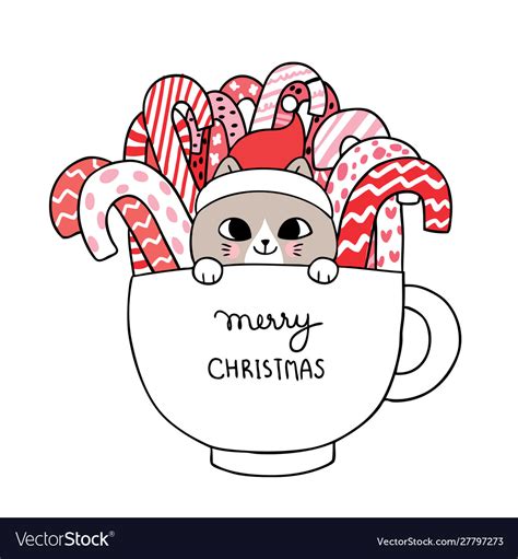 Cartoon cute christmas cat and candy in cup Vector Image