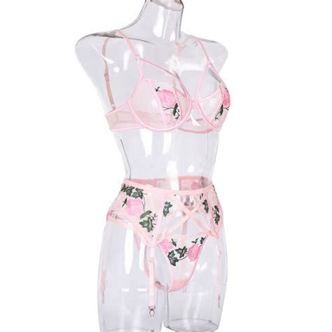 Ensemble De Lingerie Sexy Pour Femme Avec Porte Jarretelles En Dentelle Rose Rose Cdiscount