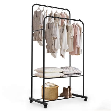 Buy Metal Clothes Hanging Garment Rack With 2 Tier Shelves And Double