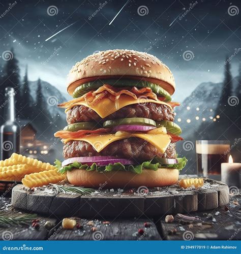 Burger With Winter Pattern, Holiday Banner, Cheeseburger With Frosty