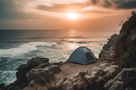 Premium Ai Image A Tent On A Cliff At Sunset With The Sun Setting
