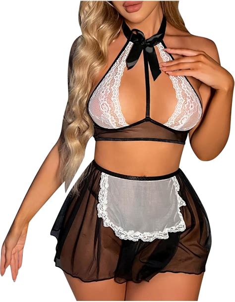 Amazon Women Maid Cosplay Lingerie Piece Sexy Maid Outfit Mesh Lace Bra And Sheer Skirt