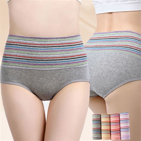 3pcs High Rise Panties For Women Cotton Stripes Print Female Underwear