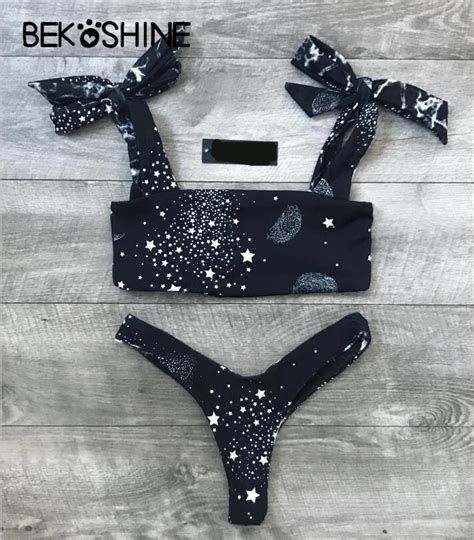 BEKOSHINE Sexy Low Waist Bikini Set Bandage Push Up Swimwear Black Swimsuit Star Bikini Women