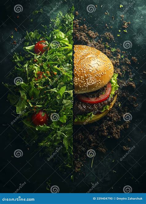 A Healthy Green Salad on One Side, Contrasted with a Greasy Burger on