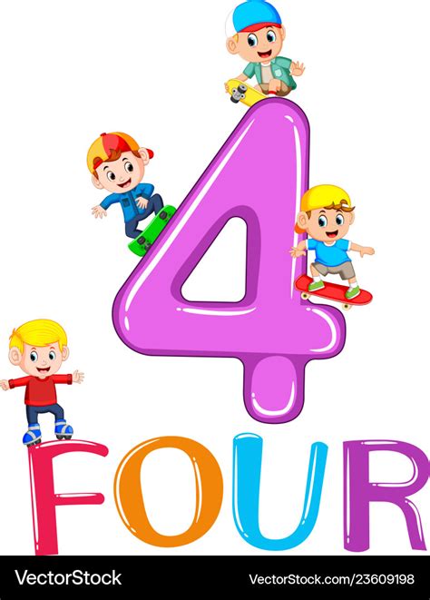 Kids playing with big number four Royalty Free Vector Image