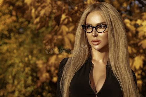 Pretty Blonde Woman With Glasses At Outdoors With Happy Expression Stock Photo Image Of