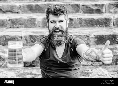 Drink Alcoholic Beer Beverage Weekend Relax Mature Hipster With Beard Hair Drinking Beer