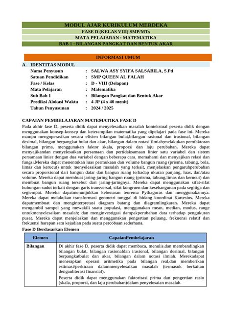 Modul Ajar Mtk Kelas 8 Kurikulum Merdeka Pdf
