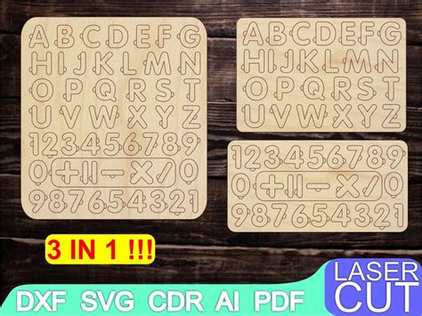 Three Laser Cut Wooden Alphabets With Numbers And Letters In Them On A