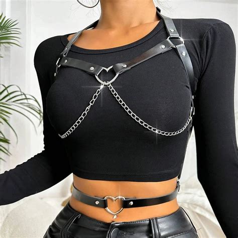 Women Sexy Body Harness Belt Chest Harness Heart Leather Lingerie Bondage Fetish Wear Goth