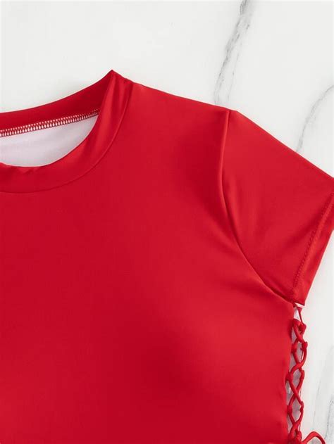 Solid Bikini Set Short Sleeve Tee Cut Out Tie Side Bottom Piece