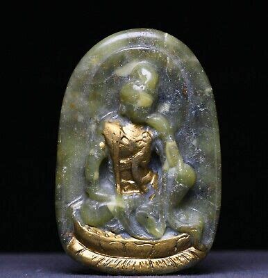 Grüne Jade Gilt geschnitzt Kwan yin Guan Quan Yin Göttin Amulett