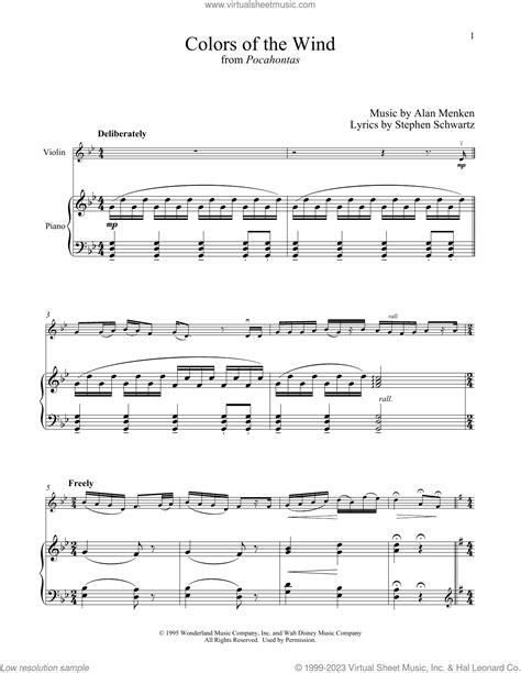 Colors Of The Wind From Pocahontas Sheet Music For Violin And Piano