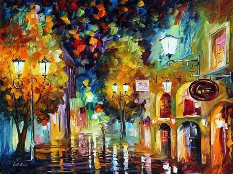 street  lights palette knife oil painting  canvas  leonid