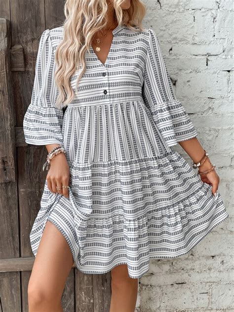 Shein Lune Geo Print Flounce Sleeve Ruffle Hem Smock Dress Shein Usa