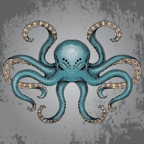 Blue Octopus With Grunge Background In Dotwork Tattoo Style Vector