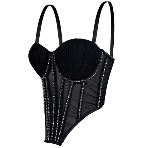 Hot Sexy Mesh Camisole Inner Vest With Chest Pad Can Be Worn Outside Rhinestone Fishbone Plastic