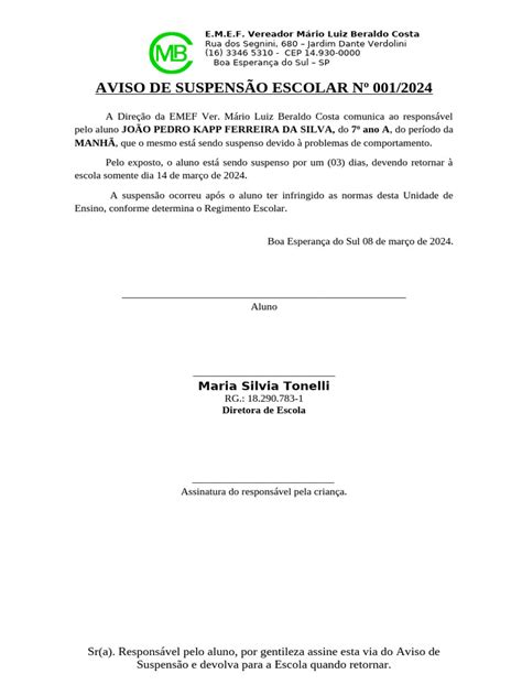 Bilhete De Suspensão Escolar - Aviso de Suspensão Escolar - João Pedro | PDF