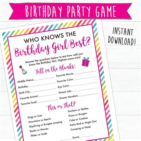 Birthday Party Games Printable Who Knows The Birthday Girl Etsy Canada