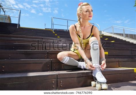 Sexy Blonde Riding On Retro Roller Stock Photo 746776390 Shutterstock