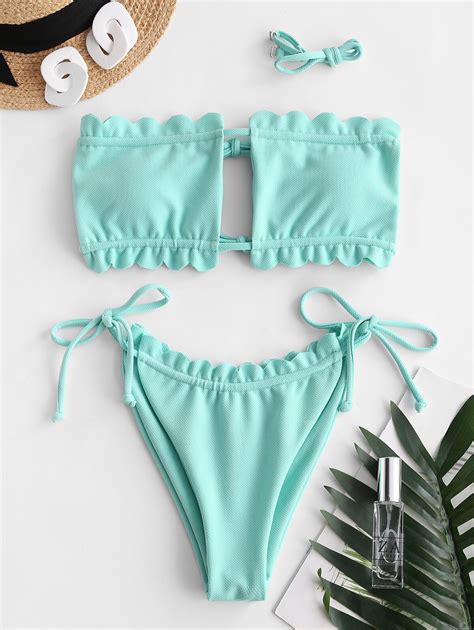 ZAFUL Scalloped Tie Side Textured Bikini Swimwear Grandado