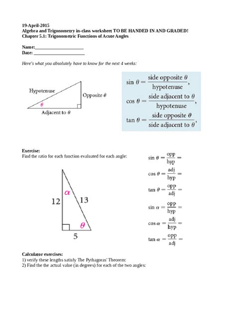 Fillable Online Trigonometric Ratios Of Special Angles Worksheet With